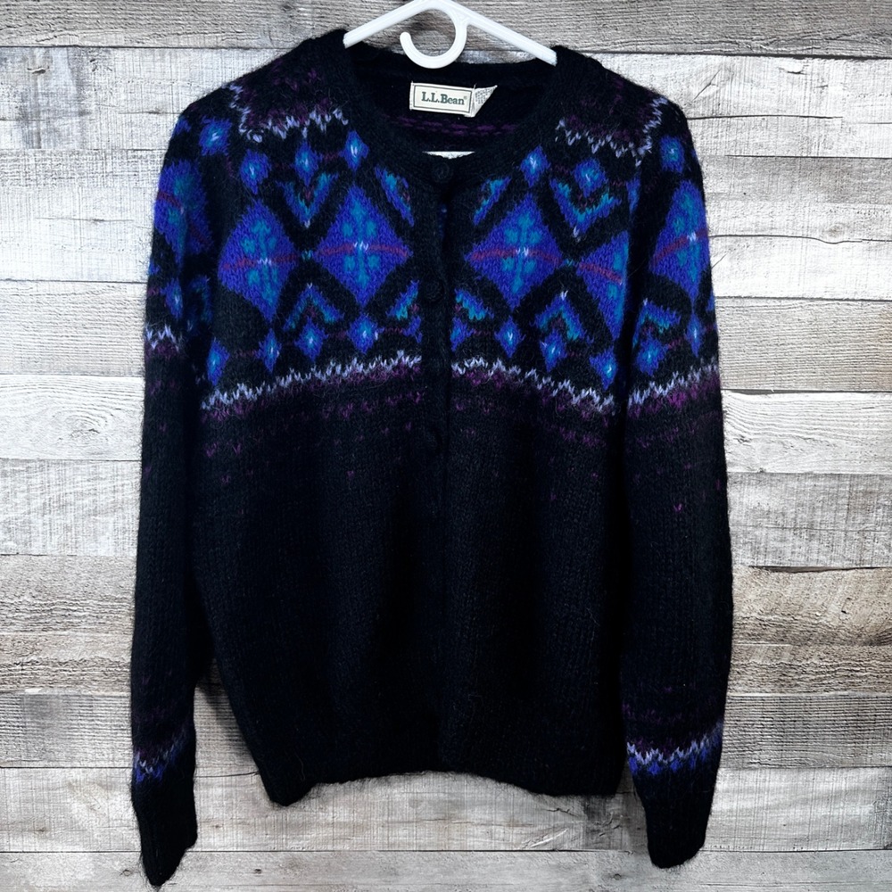 LL Bean Vintage Mohair Blend Fair Isle Nordic Cardigan Sweater Black Purple M
